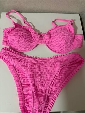 SHEIN Bright Pink Ruffled Smocked Bikini Set